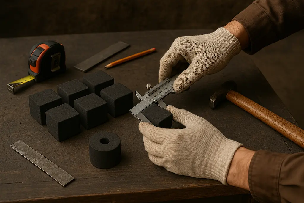 Laboratory technician performing quality control tests on Indonesian coconut shell charcoal briquettes checking carbon content and moisture levels
